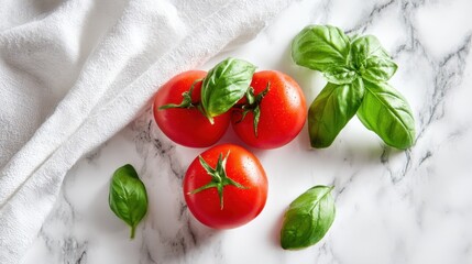 Three ripe, red tomatoes sit alongside vibrant green basil leaves on a marble countertop, perfect for adding flavor to dishes or salads.
