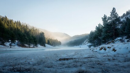 Misty winter morning light illuminates a frozen riverbed lined with snow covered evergreen trees and frosted ground
