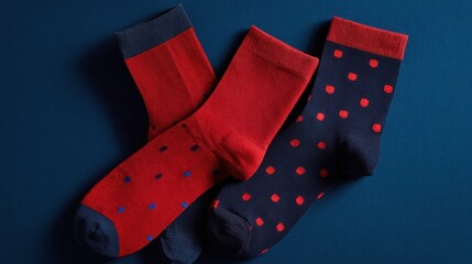 Two pairs of socks are displayed. One pair is solid red, while the other has navy blue with red polka dots. The setting features a dark blue surface, highlighting the vibrant colors.