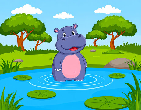 Cartoon hippo in a pond with green lily pads and landscape elements - Powered by Adobe