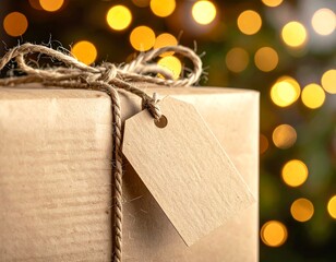 Mockup &eacute;tiquette cadeau kraft &ndash; &eacute;tiquette vierge No&euml;l avec lumi&egrave;re bokeh dor&eacute;