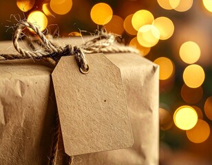 Mockup &eacute;tiquette cadeau kraft &ndash; &eacute;tiquette vierge No&euml;l avec lumi&egrave;re bokeh dor&eacute;