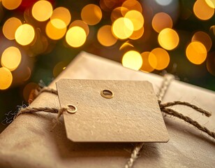Mockup &eacute;tiquette cadeau kraft &ndash; &eacute;tiquette vierge No&euml;l avec lumi&egrave;re bokeh dor&eacute;
