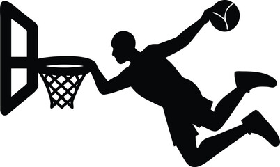 Basketball Player Silhouette Dunking Ball – Powerful Slam Dunk Vector Illustration for Sports Logo, Poster, and Athletic Design Art