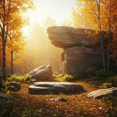 A majestic, naturally formed rock podium stands grandly amidst a vibrant, sun-drenched forest, perfect for showcasing natural beauty ,platform ,stump ,ancient