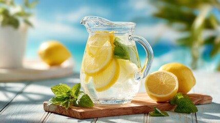 A clear glass pitcher filled with fresh lemonade, garnished with mint and lemon slices, sits on a wooden board. Bright sunlight highlights the refreshing drink, perfect for warm weather.
