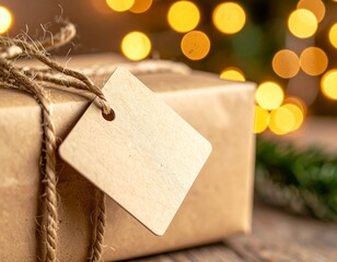 Mockup &eacute;tiquette cadeau kraft &ndash; &eacute;tiquette vierge No&euml;l avec lumi&egrave;re bokeh dor&eacute;
