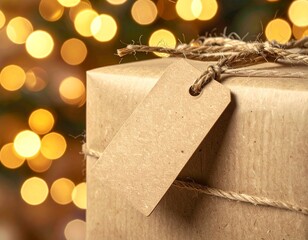 Mockup &eacute;tiquette cadeau kraft &ndash; &eacute;tiquette vierge No&euml;l avec lumi&egrave;re bokeh dor&eacute;