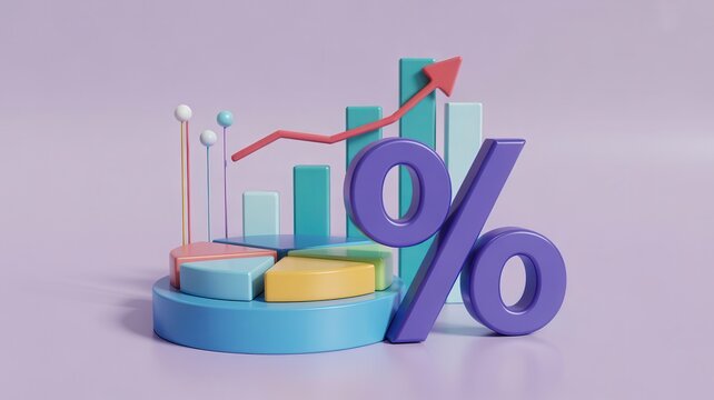 Percentage sign, bar chart, and pie chart showing financial growth