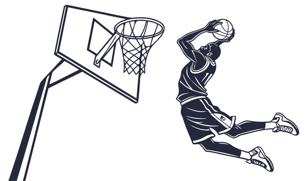 Basketball Player Dunking Vector Illustration &ndash; High Jump Slam Dunk Art for Sports Poster, Logo, and Athletic Design Inspiration