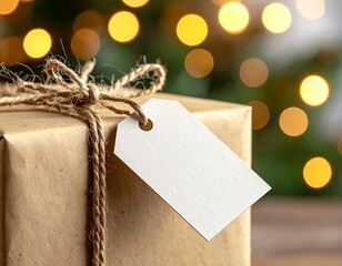 Mockup &eacute;tiquette cadeau kraft &ndash; &eacute;tiquette vierge No&euml;l avec lumi&egrave;re bokeh dor&eacute;