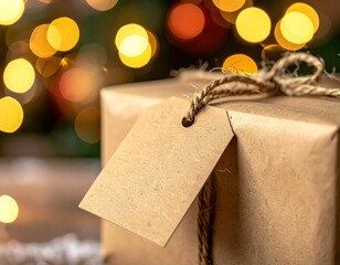 Mockup &eacute;tiquette cadeau kraft &ndash; &eacute;tiquette vierge No&euml;l avec lumi&egrave;re bokeh dor&eacute;