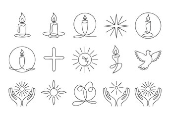 Fototapeta premium Spiritual Light and Faith Line Art Set: Candle, Cross, Dove, and Caring Hands Vector Icons