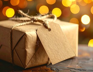 Mockup &eacute;tiquette cadeau kraft &ndash; &eacute;tiquette vierge No&euml;l avec lumi&egrave;re bokeh dor&eacute;