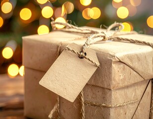 Mockup &eacute;tiquette cadeau kraft &ndash; &eacute;tiquette vierge No&euml;l avec lumi&egrave;re bokeh dor&eacute;