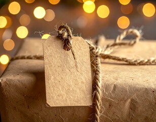 Mockup &eacute;tiquette cadeau kraft &ndash; &eacute;tiquette vierge No&euml;l avec lumi&egrave;re bokeh dor&eacute;