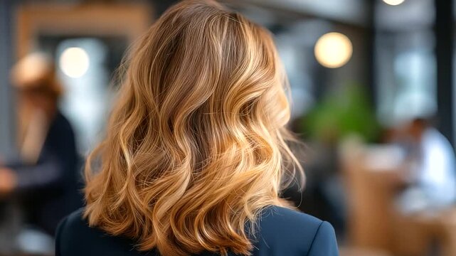 Rear three quarter view of woman's head showcasing dimensional blonde highlights and caramel lowlights individual color strands visible busy salon with stylists and clients