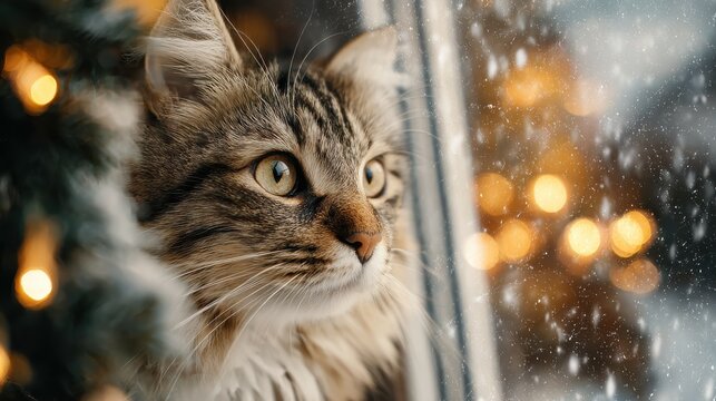 cute cat gazes through frosted window with falling snow and warm christmas lights