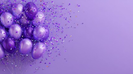purple balloons and confetti on purple background festive backdrop creates party atmosphere birthday celebration design holiday or event greeting card template place for text