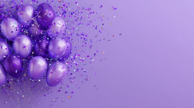 purple balloons and confetti on purple background festive backdrop creates party atmosphere birthday celebration design holiday or event greeting card template place for text