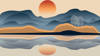 Mountain sunset with lake reflection