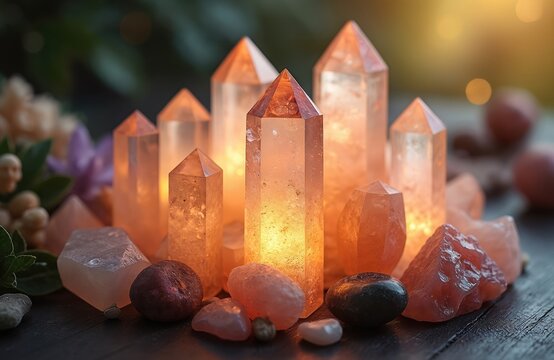 Several rose quartz crystals stand on dark wood table. Precious stones used for rituals, lithotherapy. Healing crystals for meditation practice, Reiki session. Relaxing esoteric background with