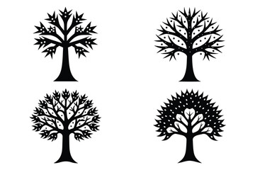 snowy tree vector icon set, black color and white background