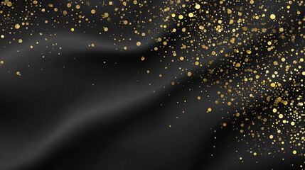 Luxurious black background with glittering gold confetti creating a festive mood.