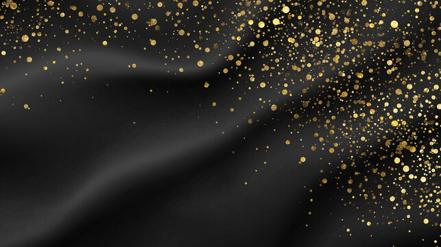Luxurious black background with glittering gold confetti creating a festive mood.