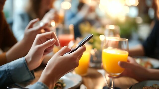 Group of friends' hands around smartphone on restaurant table all looking at screen colorful juice glasses and food plates visible casual eatery atmosphere with other diners def