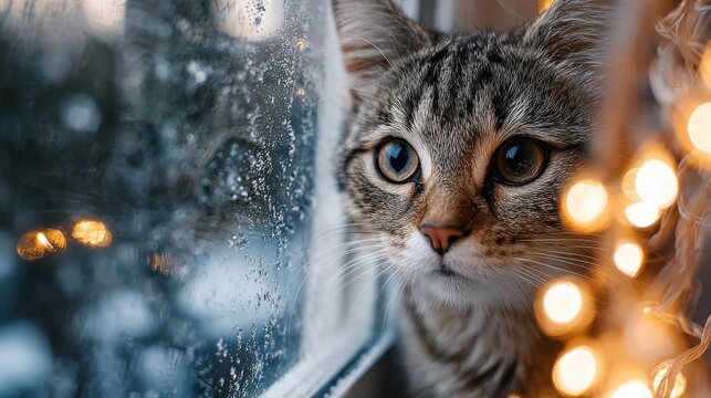 cute cat gazes through frosted window with falling snow and warm christmas lights