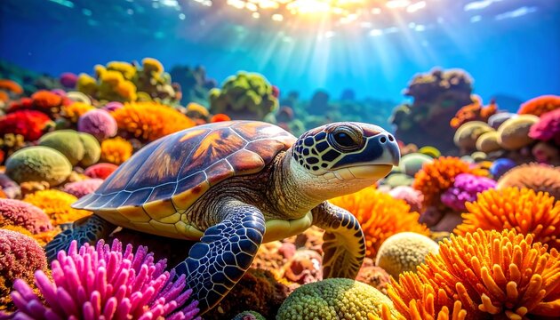 Sea turtle swims among vibrant, colorful coral reef under a radiant sun shining through crystal-clear blue water