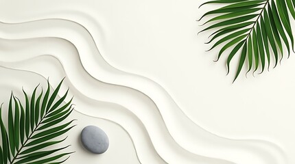 Minimalist spa background with palm leaves, stone and white wavy layers