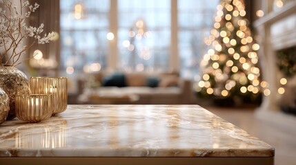 elegant diagonal marble table with abstract christmas tree decor and warm living room ambiance blurred with bokeh lights festive holiday background