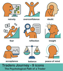 9 flat vector icons illustrating the psychological journey of a trader &mdash; from naivety and fear to reflection, balance, and peace of mind. Ideal for finance, coaching, and mindset topics.