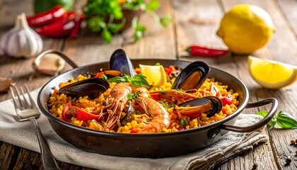 Seafood paella in rustic pan on wooden surface with lemon, herbs, and chili pepper around it, creating an appealing scene
