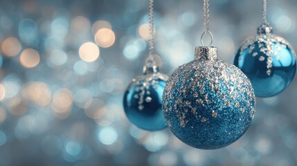 elegant blue christmas ornaments with silver glitter decorations festive holiday baubles hanging against a blurred bokeh lights background with copy space