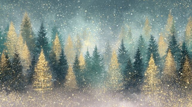 magical forest winter wonderland holiday trees and golden glowing lights christmas card style watercolor abstract artistic enchanted nature woodland background wallpaper backdrop wrapping paper