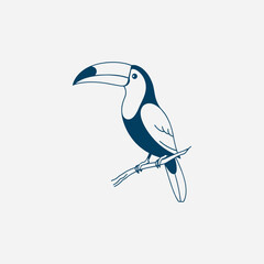 A simple blue line drawing of a toucan perched on a branch