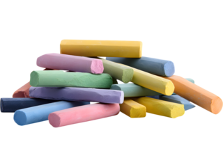 Broken and full pastel chalk sticks in various colors isolated on transparent background, perfect for school and creative designs.