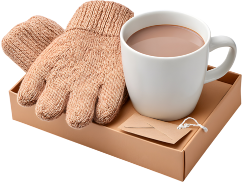 Winter-themed gift box with cozy gloves and cup of hot chocolate isolated on transparent background, perfect for seasonal and holiday visuals. - Powered by Adobe