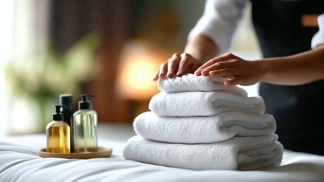 Housekeeping staff hands placing pyramid of fresh white folded towels on hotel bed duvet miniature shampoo bottles and soap arranged beside elegant hotel room interior