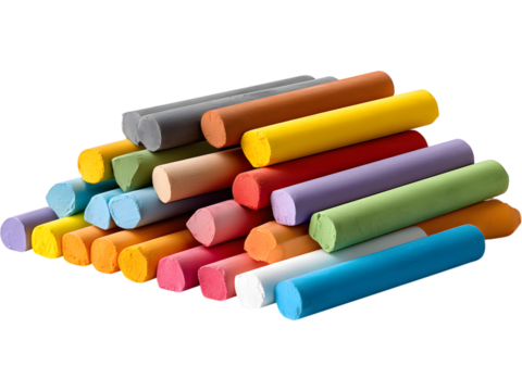 Broken and full pastel chalk sticks in various colors isolated on transparent background, perfect for school and creative designs.