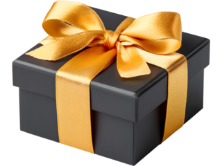 Luxury black gift box with golden ribbon isolated on transparent background, ideal for premium and festive designs.