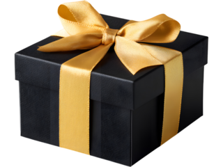 Luxury black gift box with golden ribbon isolated on transparent background, ideal for premium and festive designs.