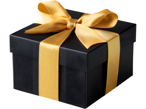 Luxury black gift box with golden ribbon isolated on transparent background, ideal for premium and festive designs.