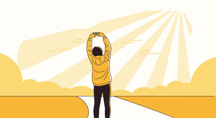 Stretching Man Reaches Towards Beaming Sunlight In A Moment Of Reflection Of Optimism