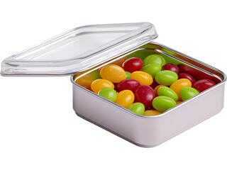 Open metal tin box with colorful candies isolated on transparent background, perfect for sweets and packaging design projects.