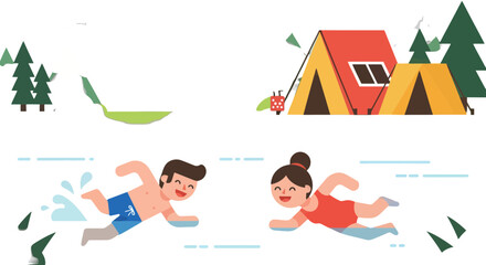 Obraz premium Summer Recreation and Camping With People Joyfully Swimming in Nature Under The Sky