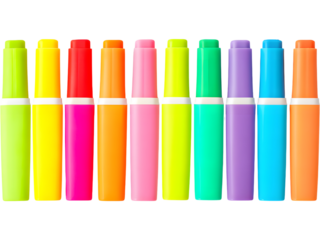Row of colorful markers isolated on transparent background, perfect for school, art, and creative project visuals.
